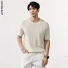 Camiseta de punto informal de color sólido retro japonés para hombre, verano, estilo Old Money, cuello redondo, versátil, manga corta, moderna