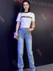 Pantalones rectos de cintura alta de color claro nuevo famoso en Internet, un conjunto de camiseta estampada de cuello redondo a juego de colores nuevos de verano para mujer
