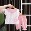 Estilo pastoral ropa infantil para niñas pequeñas manga corta nueva moda de verano lindo manga corta punto de talla traje lindo de girasol