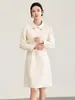2616412-Vestido Moda Temperamento Feminino Outono Estilo Dama Francesa Fivela Floral Cinto Cintura Afunilado Saia Linha A