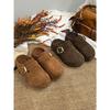 Sapatos Birkenstock Versáteis Casuais Preguiçosos Retrô para Mulheres 2025 Outono Novo Couro Genuíno One-Leg Solado Grosso Biqueira Meio Chinelos