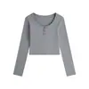 Top de manga larga estilo retro americano para mujer con cuello redondo grande, cierre de media botonadura, diseño básico simple, elástico, corte ajustado, camisa de color liso