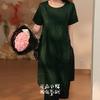 Vestido de Linho Chunchun Japonês para o Dia a Dia, Estágio Penny, Boca Francesa, Lavado com Enzimas, Fenda Lateral com Fivela, Manga Curta, Gola Redonda, Artístico