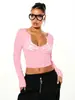 Camiseta base estampada estilo callejero de alta venta en comercio exterior transfronterizo, top corto ajustado elástico de manga larga con cuello en V, dulce y picante