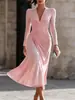 Comercio Exterior Amazon 2026 Europeo y Americano Transfronterizo Otoño e Invierno Nuevo Estilo Cuello en V Fruncido Irregular Color Sólido Vestido de Manga Larga para Mujer