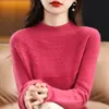Suéter Feminino de Lã com Gola Meia Alta, Camiseta Base de Tricô Cashmere Slim Seamless, Top Solto Vazado Outono e Inverno