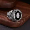 Anel folheado a prata com design de flor de zircônia preta, anel aberto ajustável vintage moderno, direto do fabricante