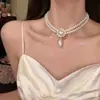 Collar de Perlas de Múltiples Capas Incrustado con Diamantes Estilo Corte Francés, Cadena para Suéter de Lujo Ligero Francés de Alta Gama, Versátil para Otoño e Invierno