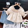 Roupa infantil atacado terno para meninas verão 25 novo infantil coreano blusa floral pequena com terno de saia bordada