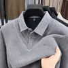 Suéter Patchwork Listrado Falso Duas Peças para Homens, Outono e Inverno, Forrado com Fleece e Espessado, Estilo Pai de Meia-Idade, Moletom Básico Casual Quente