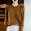Nuevo Cárdigan de Punto Redondo de Lana Pura para Otoño e Invierno 2025, Manga Larga, Huecos, Color Puro, Suave, Ceroso, Cálido, Top Chaqueta
