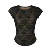 Camiseta de Encaje Reveladora de Cintura Estilo Deseo Puro para Mujer, Estilo Chica Oxígeno, Cuello Redondo con Ribete de Encaje, Top Corto Ajustado Petite Estilo Chica Picante, Moderno