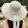 Chapéu de Sol de Verão com Laço para Mulheres, Chapéu de Sol de Palha com Pérolas para Praia, Chapéu de Sol de Aba Larga para Exterior, Chapéu de Palha Doce