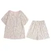 Pijama de Algodón Nube para Mujer con Almohadillas para el Pecho, Verano Estilo Dulce Pastoral Encaje Manga Corta Shorts, Conjunto Holgado para Casa