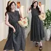 Vestido de maternidad con cuello redondo, cierre de botones de un solo pecho, diseño de cinturón en la cintura, vestido de ramio con lunares, falda de verano, elegante estilo largo