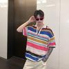 Camiseta polo listrada com estampa de arco-íris e filhotes, masculina e feminina, vintage, vazada, casual, solta, manga curta
