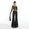 Calça Jeans Flare de Cintura Alta Preta e Dourada para Mulheres, Novo Estilo Primavera e Outono 2026, Caimento Solto, Design Emagrecedor, Calça Flare Longa até o Chão