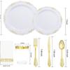 Juego de 175 piezas Plato desechable Fondo negro Plato repujado dorado Cuchillo, tenedor y cuchara Plato de encaje dorado transparente Plástico duro