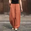Pantalones de Lino de Algodón Retro de Cintura Alta para Mujer, Verano, Artísticos, Color Sólido, Adelgazantes, de Lino de Algodón, Casuales, Holgados, para Viaje, con Caída, Largos