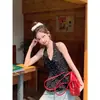 Nuevo Top de Tirantes Negro con Lunares Estilo Verano Coreano Francés para Mujer, Top Ajustado de Cuello Halter con Escote en V