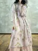 Vestido de Linho Rosa Estampado Estilo Artístico de Verão Gola Diagonal Abotoado Novo Estilo Nacional Redutor de Idade