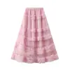 Nueva Falda de Malla tipo Pastel de Cintura Alta con Volantes y Adorno de Encaje Larga con Borlas