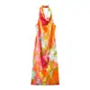 Vestido Midi Longo com Estampa de Pintura a Óleo, Gola Halter, Costas Abertas, Ajuste na Cintura, Emagrecedor, Fenda, Estilo de Férias, Atacado