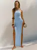 2026 Nuevo Estilo Popular Transfronterizo Vestido de Punto con Doble Abertura Lateral de Tirantes Finos Espalda Descubierta Estilo Vestido para Vacaciones en la Playa