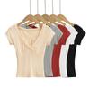 CL2480-24 Camiseta de manga corta con escote en V profundo, estilo francés, retro, estilo Pure Desire, de encaje, sexy