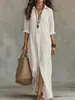 Vestido de corte solto, Primavera/Verão 2026, cor sólida, com gola, casual, com fenda, vestido longo, preto, branco, verde