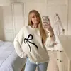 Suéter Pulôver com Estampa de Laço para Mulheres, Elegante Roupa de Trabalho Retrô Solta com Gola Redonda, Novo Estilo Outono e Inverno