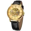 Reloj Mecánico Manual de Moda Retro Transparente Calado para Hombre Forsining con Correa Negra, Caja Dorada y Esfera Blanca