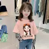 G2301 # Camiseta Infantil 100% Algodão Primavera e Outono Listrada de Manga Longa Falsa Duas Peças Camisa Base para Meninas, Top Fino de Outono Estilo Tendência.
