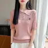 2026 Primavera/Verão Novo Tricô com Gola Lapela Tencel Lyocell Manga Curta Feminino Tricô Trançado Bordado Top Solto Camiseta