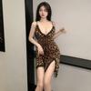 Rojo Deseo lencería sexy ligueros tentación ardiente sexy estampado de leopardo pasión femenina sexy talla grande pijamas ropa de casa 1892