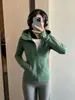 Moletom com capuz verde floresta, fino estilo outono para mulheres, início do outono, petite, estilo coreano, caimento justo, esportivo, ombro normal, jaqueta curta