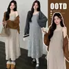 Vestido de maternidade para outono e inverno, novo vestido de suspensório em tricô torcido, solto e modelador, vestido longo de suporte para a barriga com conjunto de duas peças de cardigã