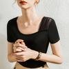 Top de Hombro de Modal Negro de Hombro Manga Corta para Mujer Ajustado Estilo Occidental Cuello Cuadrado Inclinado Cuello Costuras de Malla Camiseta de Verano