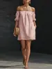 2026 Novo Produto Amazon Europeu e Americano Transfronteiriço Verão Novo Solto Gola Uma Linha Ombro a Ombro Cor Sólida Vestido Roupas Femininas