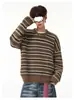 Suéter de Punto Retro Americano con Bloques de Color a Rayas, Cuello Redondo, para Hombres y Mujeres, Estilo Perezoso Holgado de Otoño, Chaqueta de Punto Pulóver Relajada