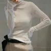 Tricô de Manga Longa para Primavera com Suéter de Gola Alta por Dentro, Cor Sólida, Emagrecedor, Fino, Levemente Transparente, Camada Base de Lã com Gola Alta para Mulheres