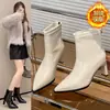 Botines negros de punta fina francesa con tacón grueso para mujer, versátiles para combinar con abrigos en otoño e invierno, botines cortos elásticos adelgazantes de tacón alto con temperamento elegante