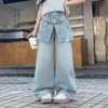 Calça Jeans da Moda para Meninas 2026 Primavera e Outono Novo Estilo Coreano Drapado Versátil Calça de Perna Larga para Crianças Mais Velhas Calça Longa de Primavera Tendência