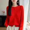 Cardigan de tricô sem costura estilo suave 100% lã para mulheres com design de botões, blusa base modeladora, casaco quente, suéter
