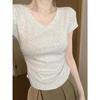 Camiseta de Algodón Puro con Cuello en V y Mangas Cortas para Mujer, Verano Ajustada, Adelgazante, Diseño Plisado, Top Corto, Modelo Nuevo de Moda 2026