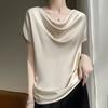 Seda Seda 2023 Verão Nova Camiseta Feminina de Cetim Elegante Estilo Francês Tamanho Grande Camiseta de Manga Curta com Colarinho de Pilha para Todos os Fósforos