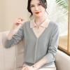 Look Elegante de Primavera da Mamãe: Blusa de Tricô Falsa de Duas Peças, Suéter Fino de Manga Longa com Gola para Mulheres de Meia-Idade
