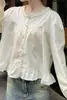 Camisa de manga larga con adorno de encaje dulce de principios de otoño para mujeres petite, blusa corta estilo babydoll con diseño único