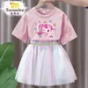 Adorable y Lindo Conjunto de Vestido de Malla de Manga Corta con Estampado para Niñas, Camiseta y Falda Corta para Verano 7