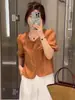 Camisa de Tencel com Manga Bufante para Mulheres, Estilo Curto, Nova Blusa Slim-Fit Verão 2025 para Mulheres Baixas, Medição Real para Tamanhos Baixos